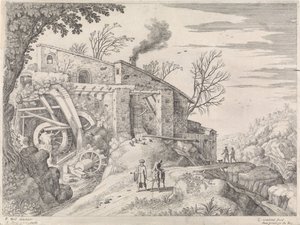 Landscape with a Watermill and the Good Samaritan, Italian Landscapes (series title) by Willem van Nieulandt (II)
