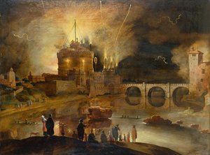 The Castel Sant Angelo, Rome, with Townsfolk Watching a Firework Display at Night
