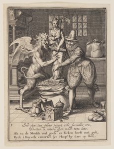 A Man and the Devil Filling a Sack with Money and Setting Up a Statue of Hope, from Allegory of the Misuse of Worldly Property