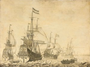 Seascape with the Dutch Men-of-War including the Drenthe and the Prince Frederick-Henry by Willem van de Velde (I)