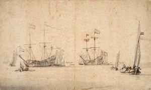 A Kaag Running Free and Two Dutch Flagships at Anchor, c.1665