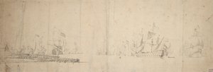 A Dutch Fleet getting under way off a pier by Willem van de the Elder Velde