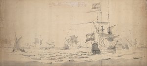A Dutch Fleet lying-to in a breeze: a council-of-war, c.1665 by Willem van de the Elder Velde