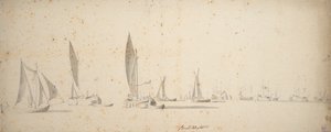 A tochtschuit, wijdschips and waterschips in a light breeze by Willem van de the Elder Velde