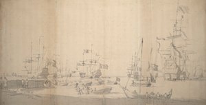 A Weyschuit Being Hauled Ashore in a Crowded Harbour, c.1672