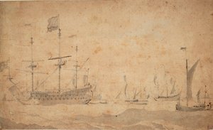 An English Flagship at Anchor, Possibly in June 1673 by Willem van de the Elder Velde