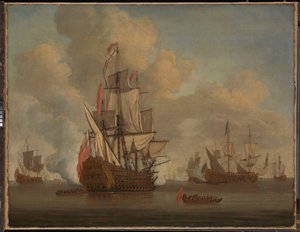 Calm: An English Two-Decker with Sails Loosed Firing a Salute by Willem van de the Elder Velde