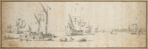 Two doggers and a ship at anchor in a harbor