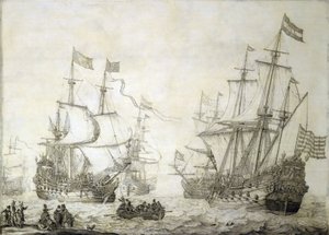 Two merchant ships of the Dutch East India Company, leaving the shore in calm winds by Willem van de the Elder Velde