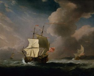 An English Two Decker in a Strong Wind with another Ship in the Background by Willem van de Velde the Younger