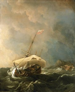 British Ship in a Stormy Wind, Trying to Escape from the Rocky Shore by Willem van de Velde the Younger