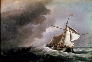 Dutch ship lowering sails waiting for a lifeboat. Painting by Willem Van de Velde the Younger (1633-1707)