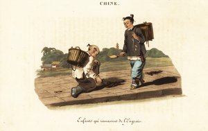 Chinese children collecting horse manure
