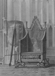 The Coronation Chair of the English Sovereigns, with the Shield and Sword of State of Edward the Third, Westminster Abbey by William (after) Capon