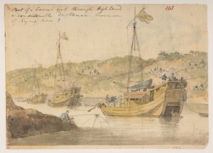 Part of a Canal cut through High land a considerable distance. Province of Kyangnan, from an Album of 372 drawings of landscapes, coastlines, costumes and everyday life made during Lord Macartney