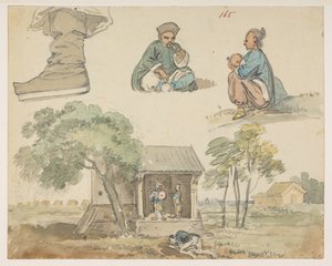 Figure studies and shrine, from an Album of 372 drawings of landscapes, coastlines, costumes and everyday life made during Lord Macartney
