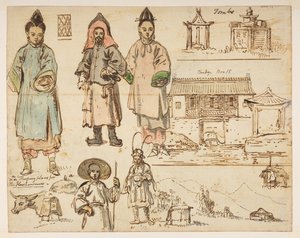Figure Studies and Buildings Including Tombs, Bridge Nov 15 and Sleeping Places for Husbandmen, from an Album of 372 Drawings of Landscapes, Coastlines, Costumes and Everyday Life by William Alexander