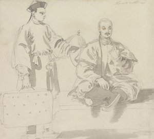Two Chinese Figures: A Seller of Hats and a Man Sitting Cross-Legged, Smoking a Pipe by William Alexander