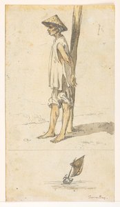 Young man leaning against a tree; a boat. 