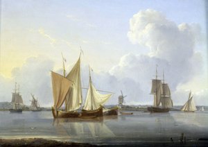 Arrival in Limehouse, London, various boats on the Thames and a mill on the bank, and on the right the Greenwich Hospital