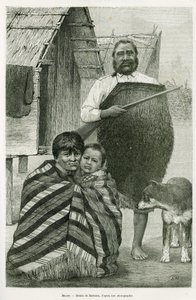 Three generations of Maori. Engraving by Barbotin, to illustrate the story Voyage a la Nouvelle Zelande, in 1889, by G.Verschuur, in le tour du monde 1890, directed by Edouard Charton (1807-1890), Hachette, Paris. by William Barbotin