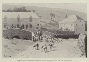 With the Devon and Somerset Staghounds, Taking the Hounds to the Meet over Exford Bridge by William Barnes Wollen
