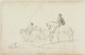 Two Men on Horseback with Two Horses and Dog