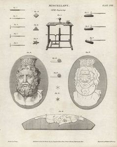 Gem and cameo engraving tools and equipment. Copperplate engraving by William Blake and Wilson Lowry after a drawing by J. Farey from Abraham Rees