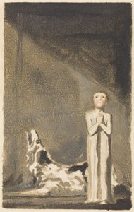 The First Book of Urizen, plate 24, A boy in a long dress, standing with clasped hands to the right of a dog by William Blake