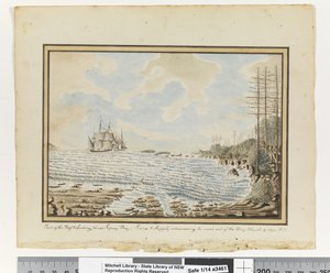 Part of the Reef & Landing places Sydney Bay; Sirius & Supply endeavoring to work out of the Bay, March 19 1790 by William Bradley