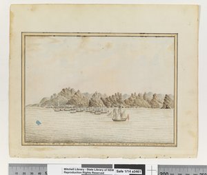 Santa Cruz on the SE side of Teneriffe; Sirius & Convoy in the Roads. June 1787. The Peak Showing in a Gap between two other Mountains