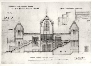 Details of Entrances, Stairs, Furnace Chamber Doorway and Handrails, (New Big School), Rugby School by William Butterfield