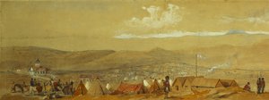 The Crimea: Panoramic View of Sebastopol Showing the Military Encampments and the Harbour; and a Panoramic View of Inkerman Showing a Military Encampment and Cavalry at Dawn by William Crimea Simpson