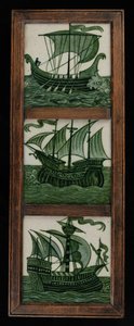 Tile panel of ships in full sail, in frame, c.1865-80