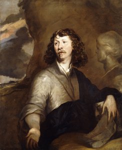 Portrait of a Gentleman, Possibly the Artist, half-length, in a Brown Cloak and Blue Wrap, Beside a Marble Bust, in a Rocky Landscape by William Dobson