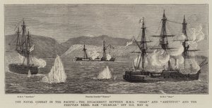 The Naval Combat in the Pacific, the Engagement between HMS Shah and Amethyst and the Peruvian Rebel Ram Huascar off Ilo, 29 May by William Edward Atkins