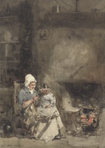 A Woman and Child by a Hearth