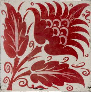 Tile with Stylised Flower with Two Leaves and Tendrils