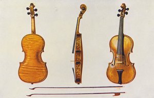 Musical instruments: Violin, the Hellier Stradivarius, and two old bows noted for the fluting by William Gibb