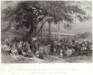 Runjeet Singh and his suwarree encamped under the banian tree on the River Sulley