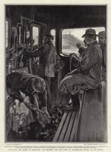 The King and Queen in Scotland, His Majesty and the Duke of Sutherland riding on an Engine by William Hatherell