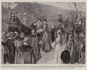 The Queen in Dublin, the Lord Mayor presenting the Civic Sword to Her Majesty by William Hatherell