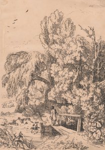 Landscape with Trees, Girl Crossing Footbridge by William Havell