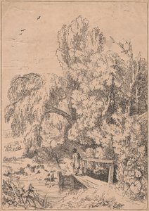 Landscape with Trees, Girls Crossing Footbridge by William Havell