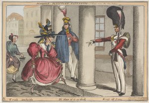 Modern Military Gallantry - A sketch near the New Palace Keep outside - Oh dear it is so dirty, c.1829 by William Heath