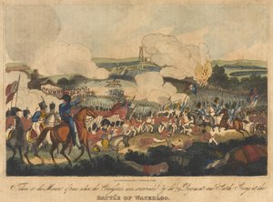 Taken at the Moment of time when the Cuirassiers was surrounded by the 79 Regiment and Scotch Greys at the Battle of Waterloo, 18 June 1815, engraved by Romney and published by Richard Evans, 1816