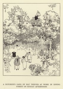 A notorious gang of hat thieves at work in Epping Forest on Sunday afternoons by William Heath Robinson