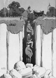 Act of Kindness, Thoughtfulness of Three Gentlemen in Assisting Lady over Chasm by William Heath Robinson