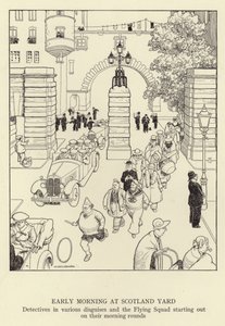 Early Morning at Scotland Yard, Detectives in Various Disguises and the Flying Squad Starting Out on Their Morning Rounds by William Heath Robinson