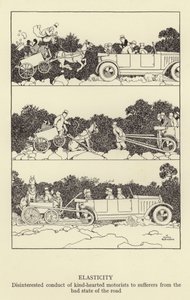 Elasticity, disinterested conduct of kind-hearted motorists to sufferers from the bad state of the road by William Heath Robinson
